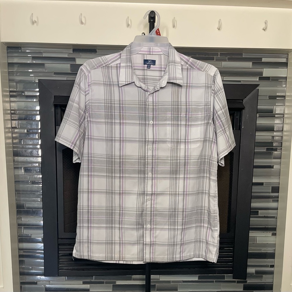 Mens George Plaid Button Up T-Shirt Short Sleeve, Size L